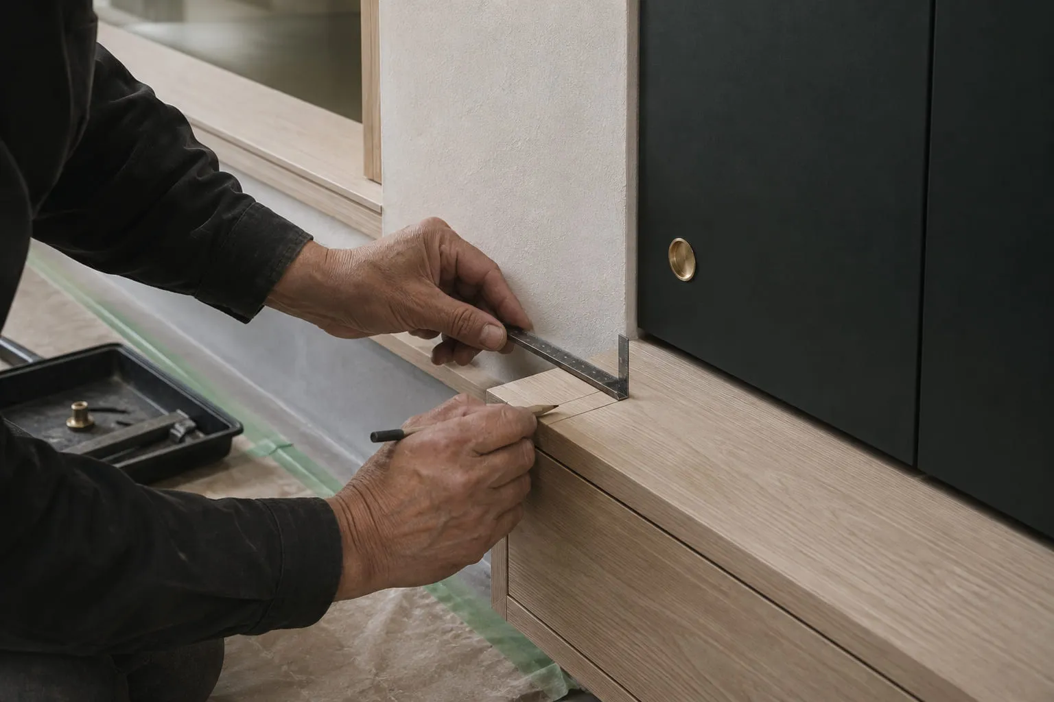 造作家具の納まりを差し金で確かめる職人の手元